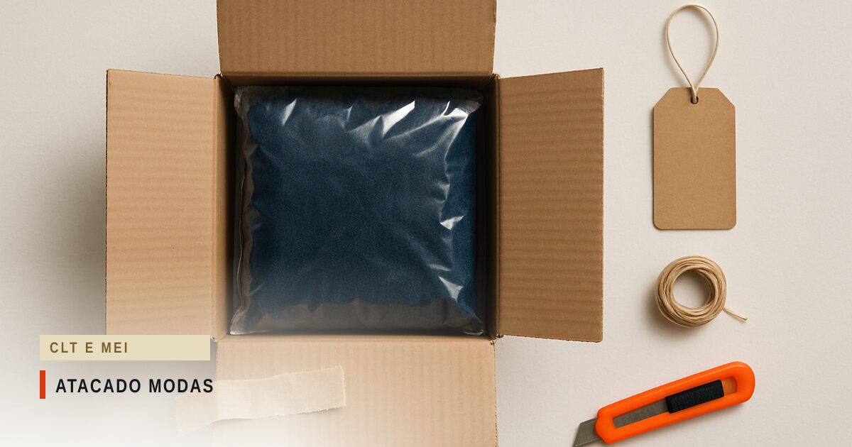 Caixa de papelão aberta com uma peça de roupa embalada em plástico transparente, etiqueta de papel kraft em branco presa por barbante, rolo de barbante e estilete de cabo laranja, vistos de cima sobre a bancada