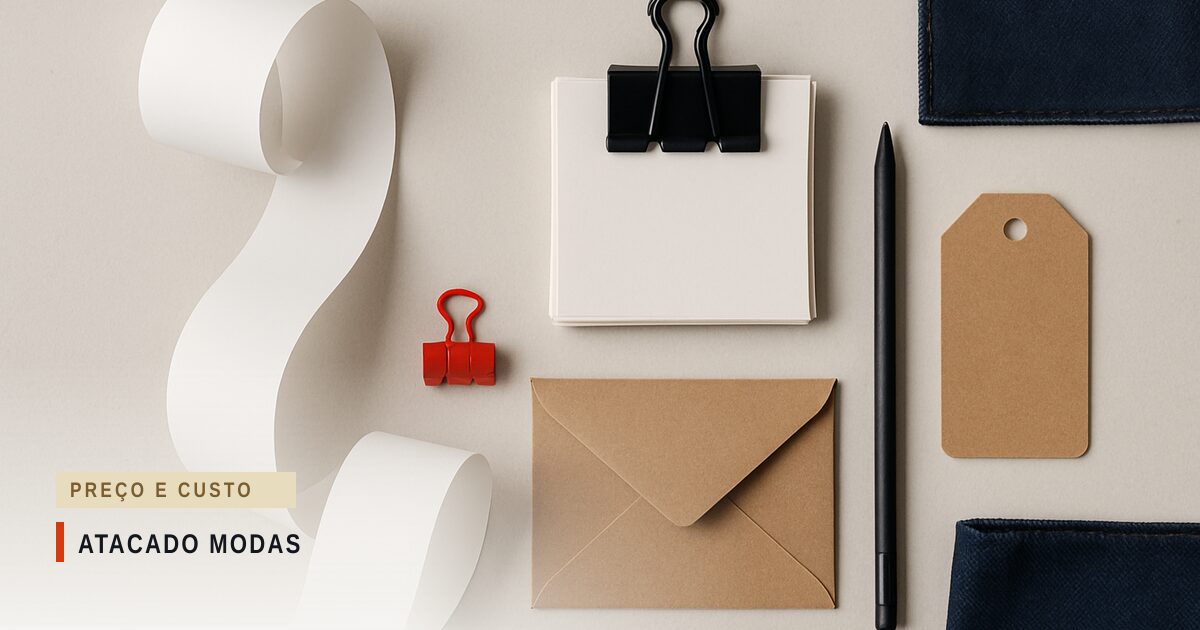 Bobina de papel em branco, fichas presas por clipe, envelope kraft e lápis sobre papel-cartão