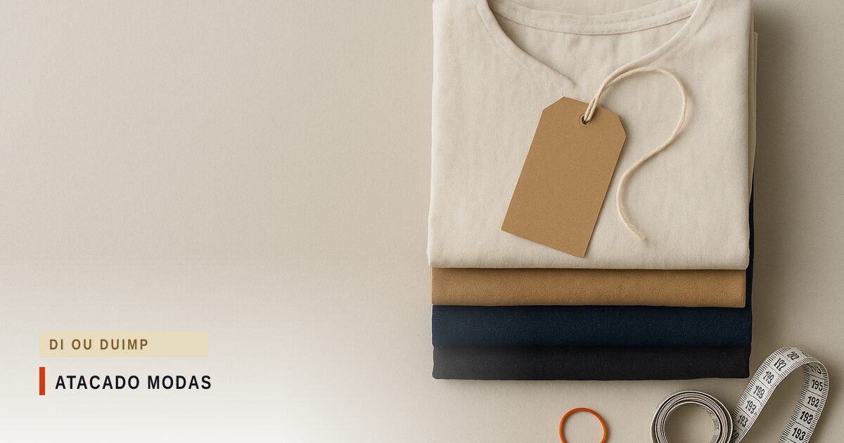 Pilha de camisetas dobradas em tons de cru, caramelo e azul-marinho sobre superfície clara, com etiqueta de papel kraft apoiada no topo e uma fita métrica enrolada ao lado