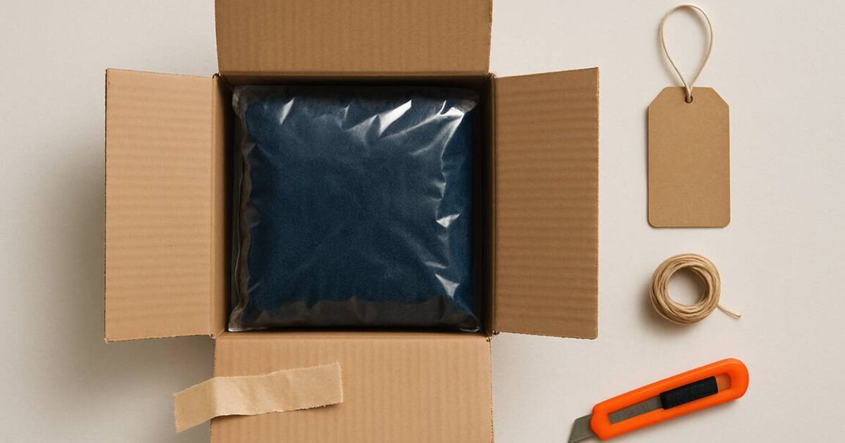 Caixa de papelão aberta vista de cima com peça de roupa azul embalada em plástico transparente, ao lado de etiqueta de papel kraft, novelo de barbante e estilete