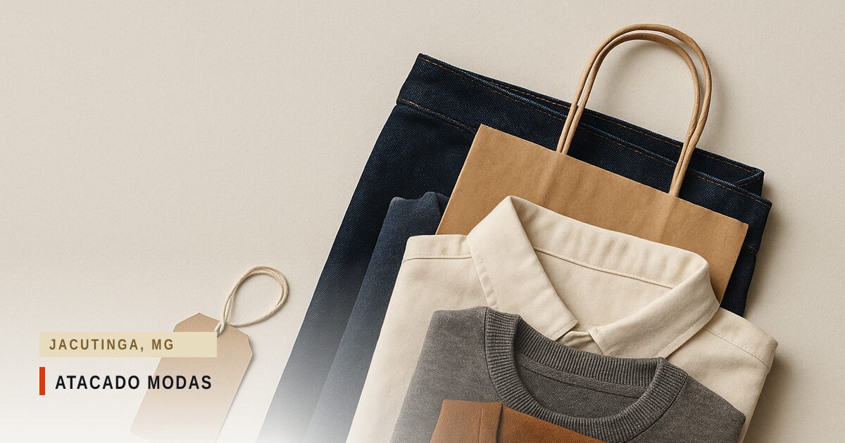 Pilha de peças dobradas vista de cima — moletom cinza com gola de malha canelada, camisa creme e calça jeans escura — ao lado de sacola de papel kraft e etiqueta de papel, sobre fundo claro