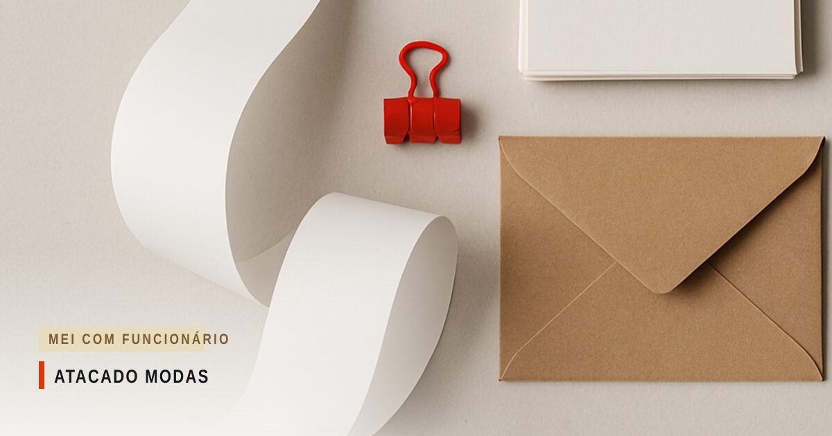 Envelope de papel pardo, bobina de papel branco enrolada, pilha de cartões brancos e um clipe vermelho sobre fundo claro, vistos de cima