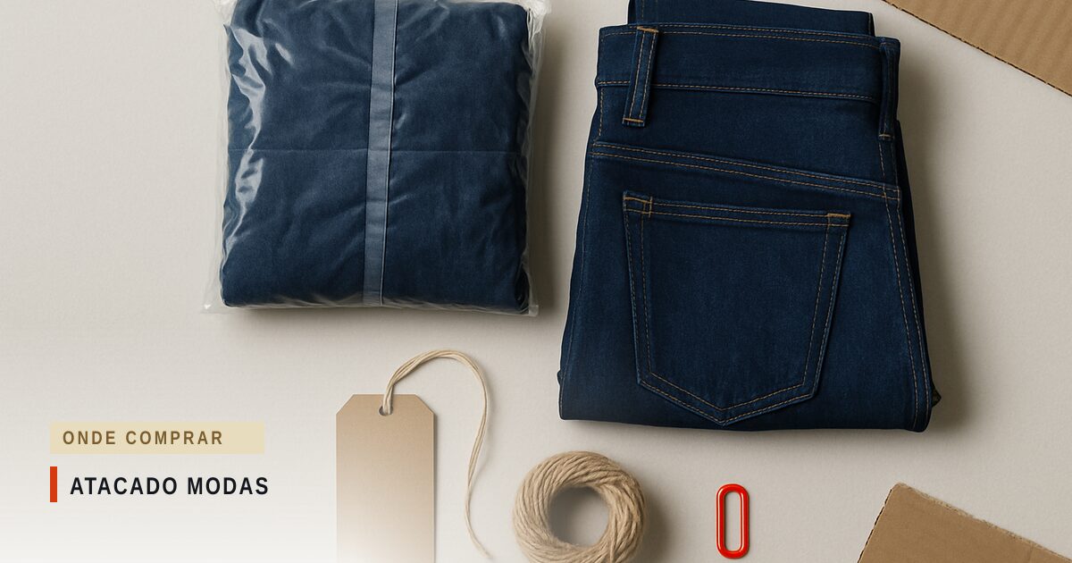 Fardo de roupa em polybag, calças jeans dobradas, tag de kraft em branco e barbante sobre papel-cartão