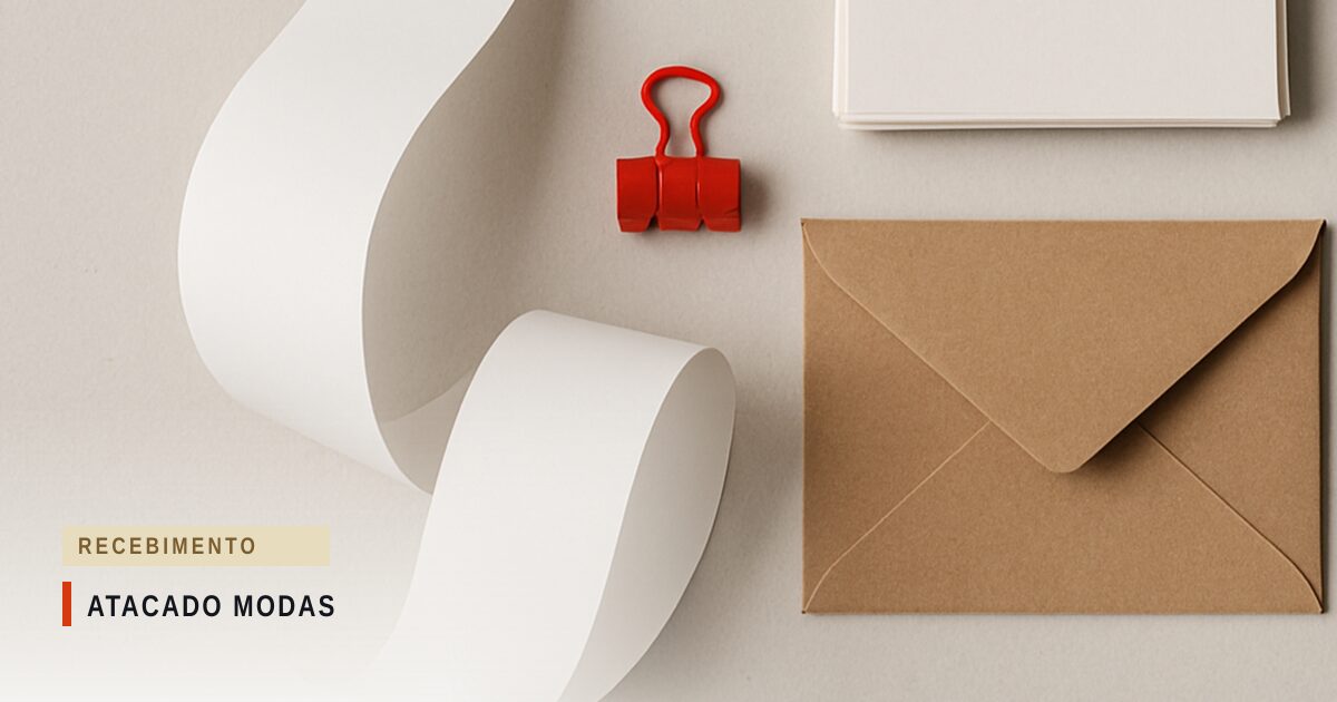 Bobina de papel de comprovante desenrolada sobre mesa clara, ao lado de envelope kraft, prendedor vermelho e bloco de papel, vistos de cima
