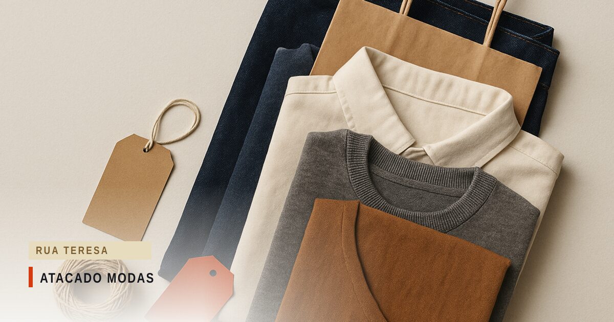 Roupas dobradas em pilha — calças jeans escuras, camisa clara de gola, suéter cinza e outro de malha cor de caramelo — com uma sacola de papel pardo e etiquetas de papel sobre fundo claro