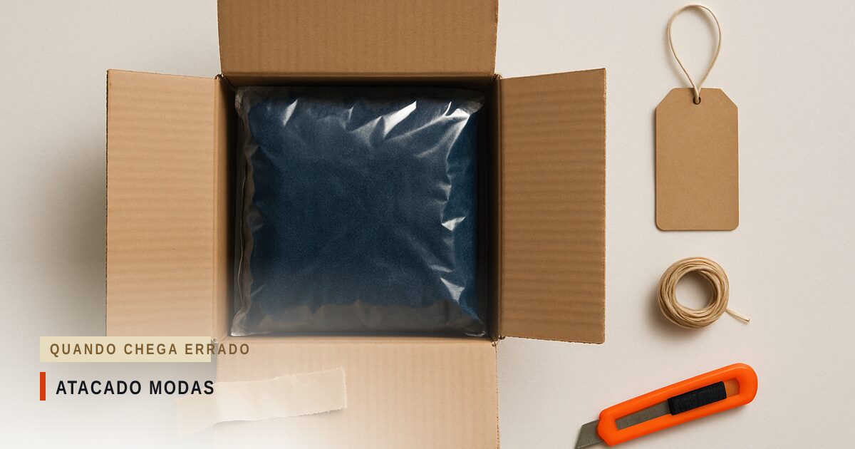 Caixa de papelão aberta sobre fundo claro, com uma peça de roupa escura dentro de saco plástico, ao lado de etiqueta de papel kraft, rolo de barbante e estilete, vistos de cima