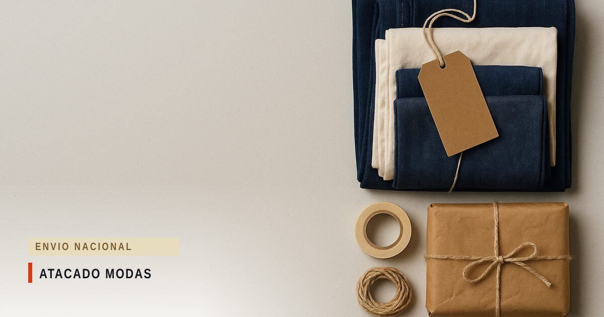 Peças de jeans e malha dobradas ao lado de etiqueta de papel kraft, fita crepe, rolo de barbante e um pacote embrulhado em papel pardo, vistos de cima