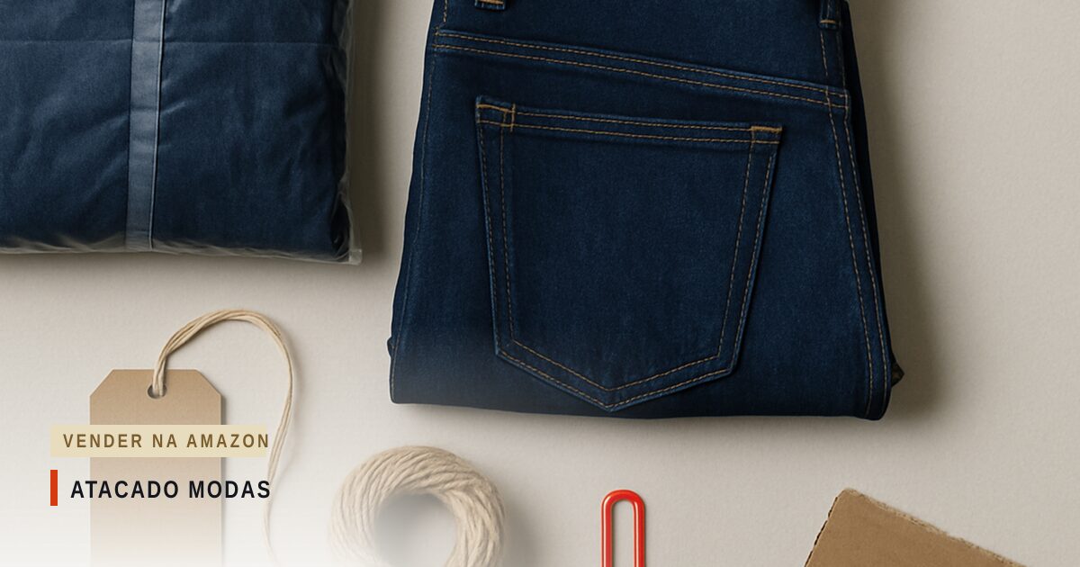 Calça jeans dobrada ao lado de uma peça embalada em plástico transparente, com etiqueta de papel kraft amarrada por barbante e presa por um clipe vermelho, sobre fundo claro